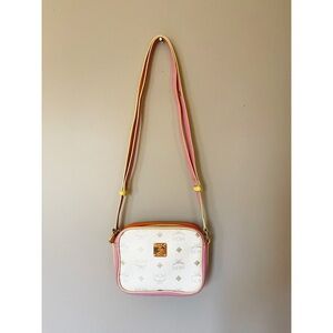 MCM Visetos Small Mini TwoWay Crossbody Leather Zip Bag Pink White Yellow Orange